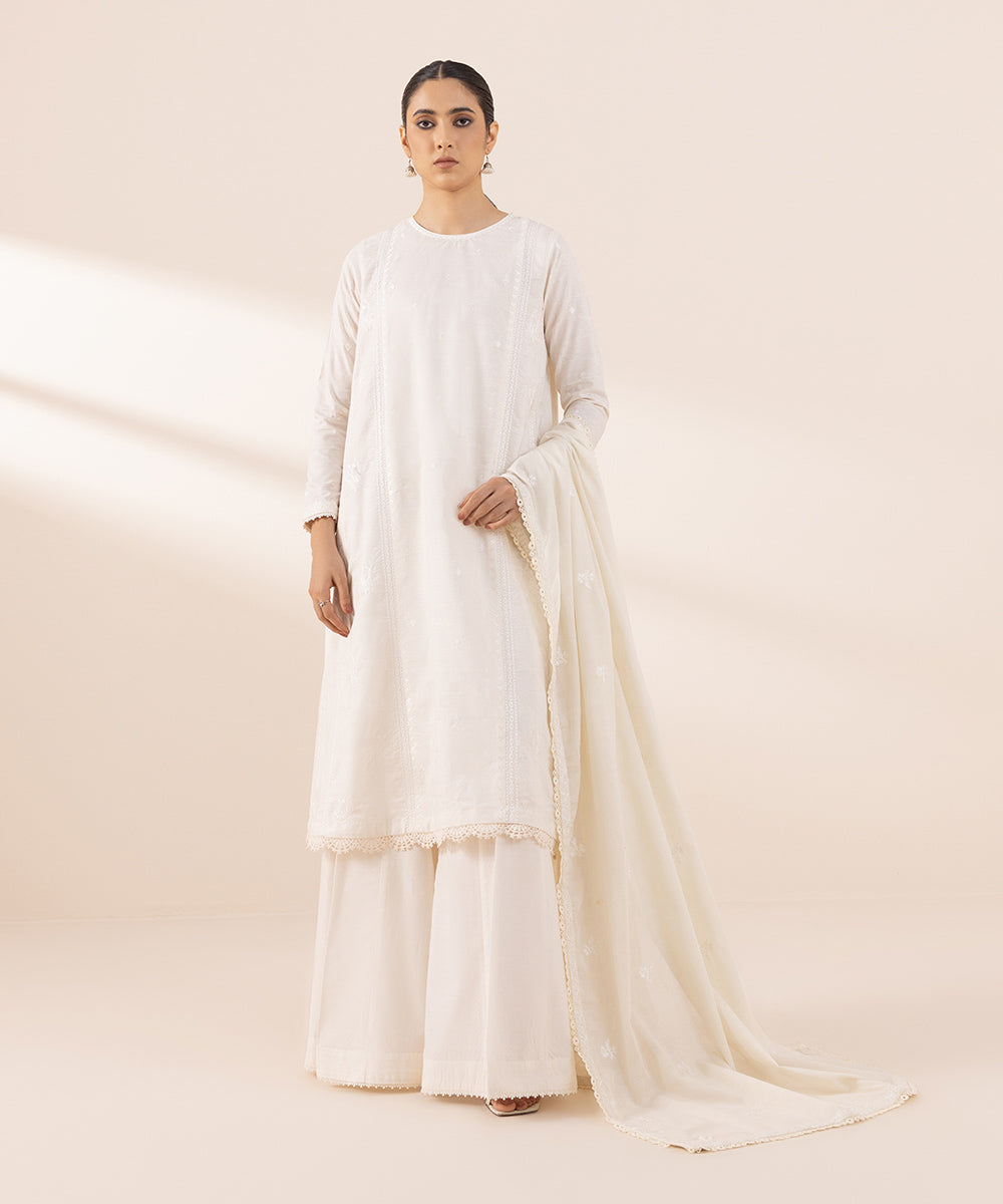 Textured Voile Off White Embroidered Dupatta