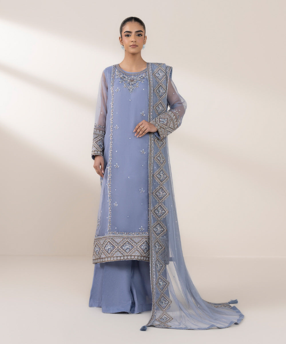 Women's Pret Blended Organza Blue Embroidered Three Piece Suit