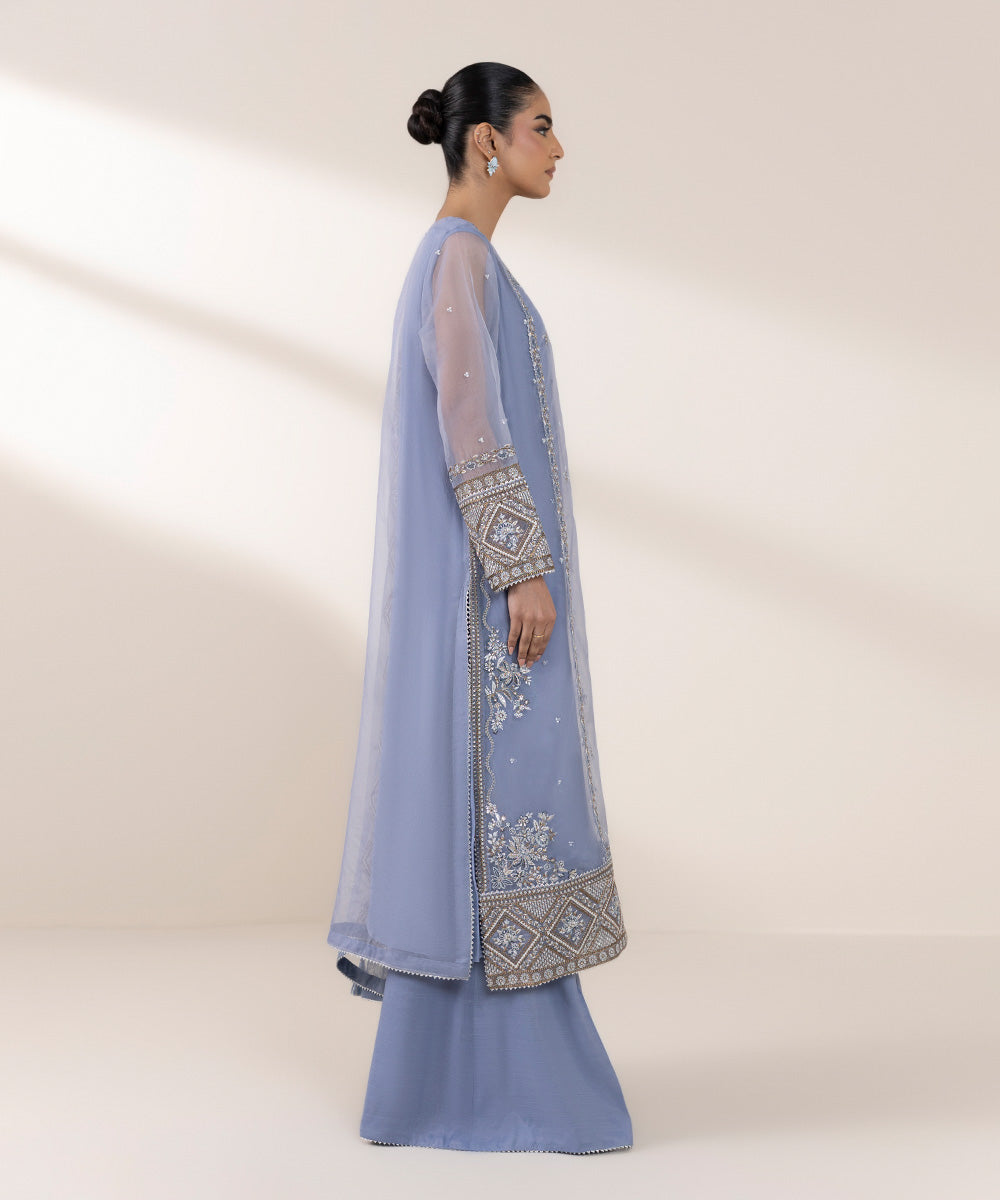 Women's Pret Blended Organza Blue Embroidered Three Piece Suit