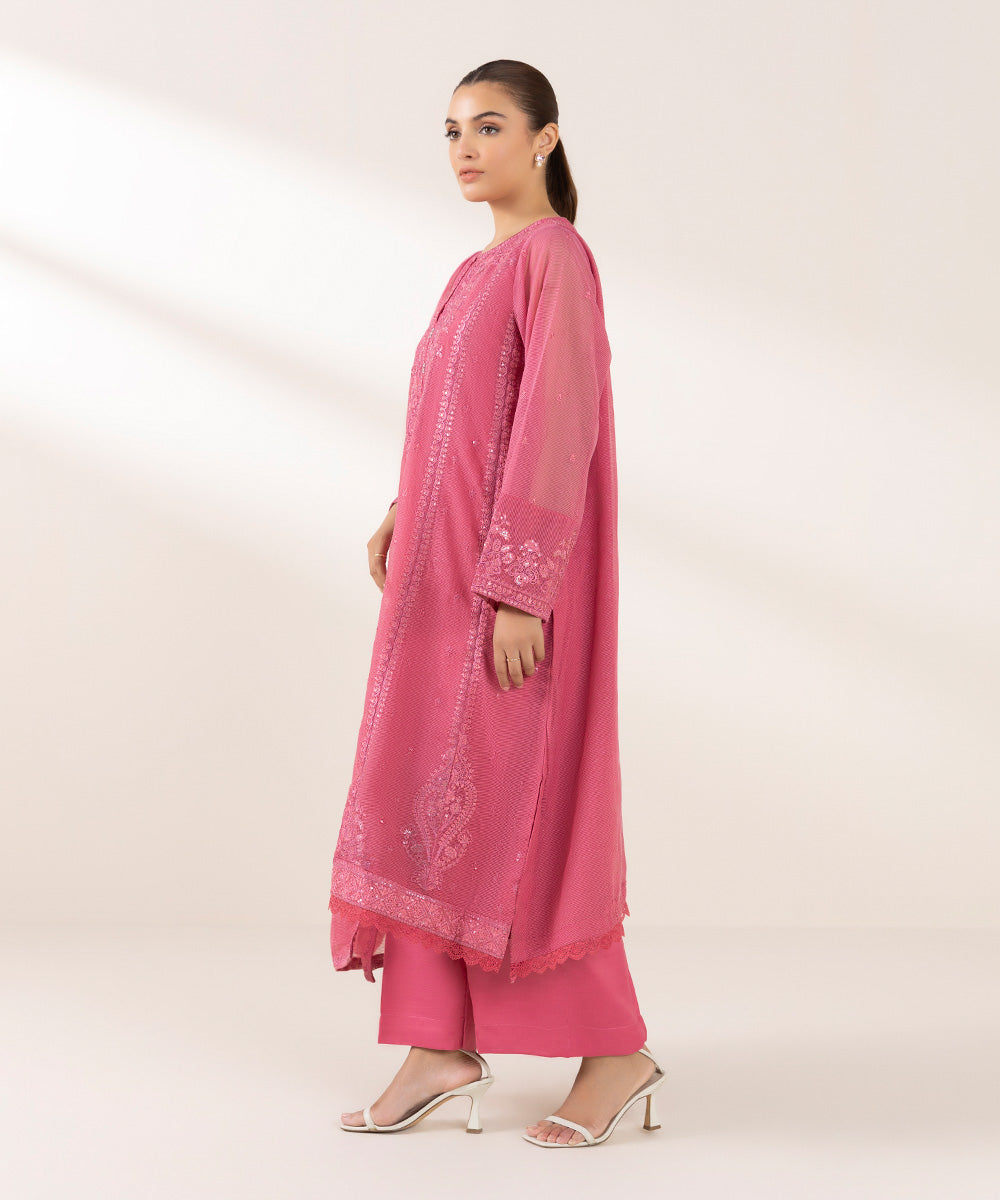 Women's Pret Blended Textured Karandi Pink Embroidered 3 Piece Suit