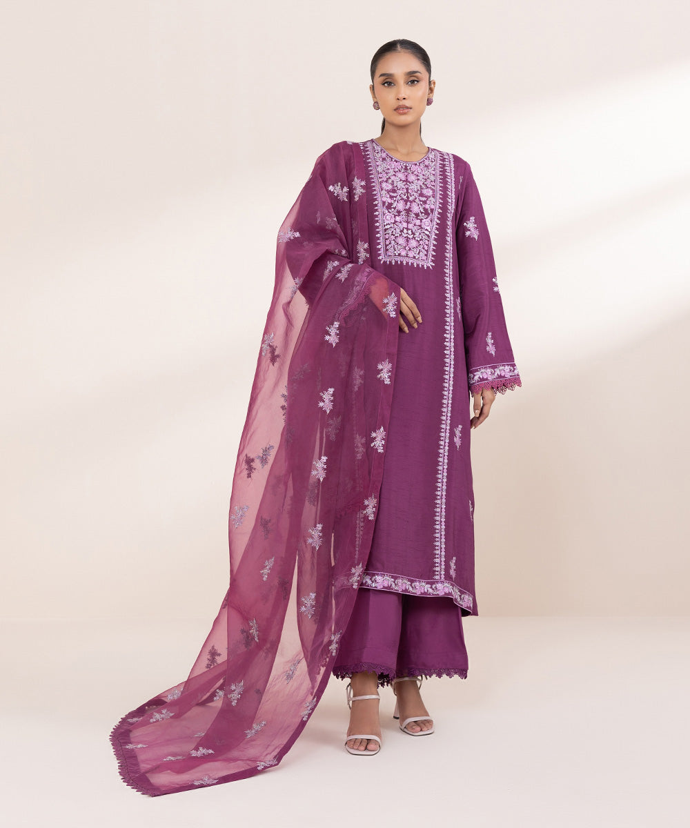 Women's Pret Raw Silk Purple Embroidered 3 Piece Suit