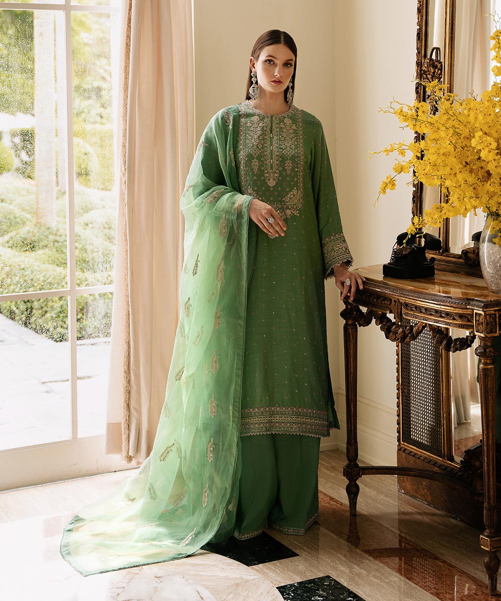 Women's Pret Raw Silk Green Embroidered Three Piece Suit