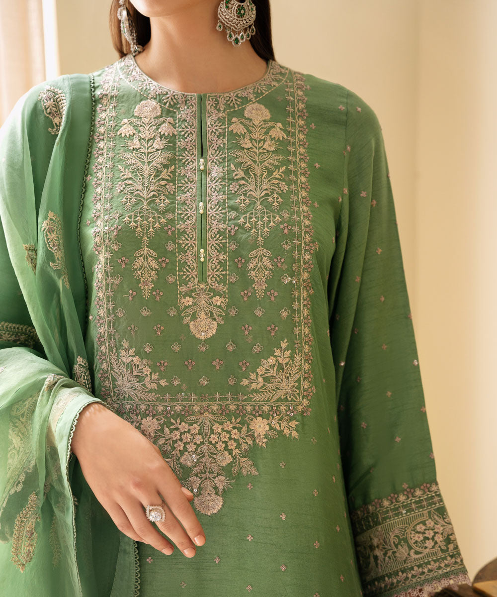 Women's Pret Raw Silk Green Embroidered Three Piece Suit