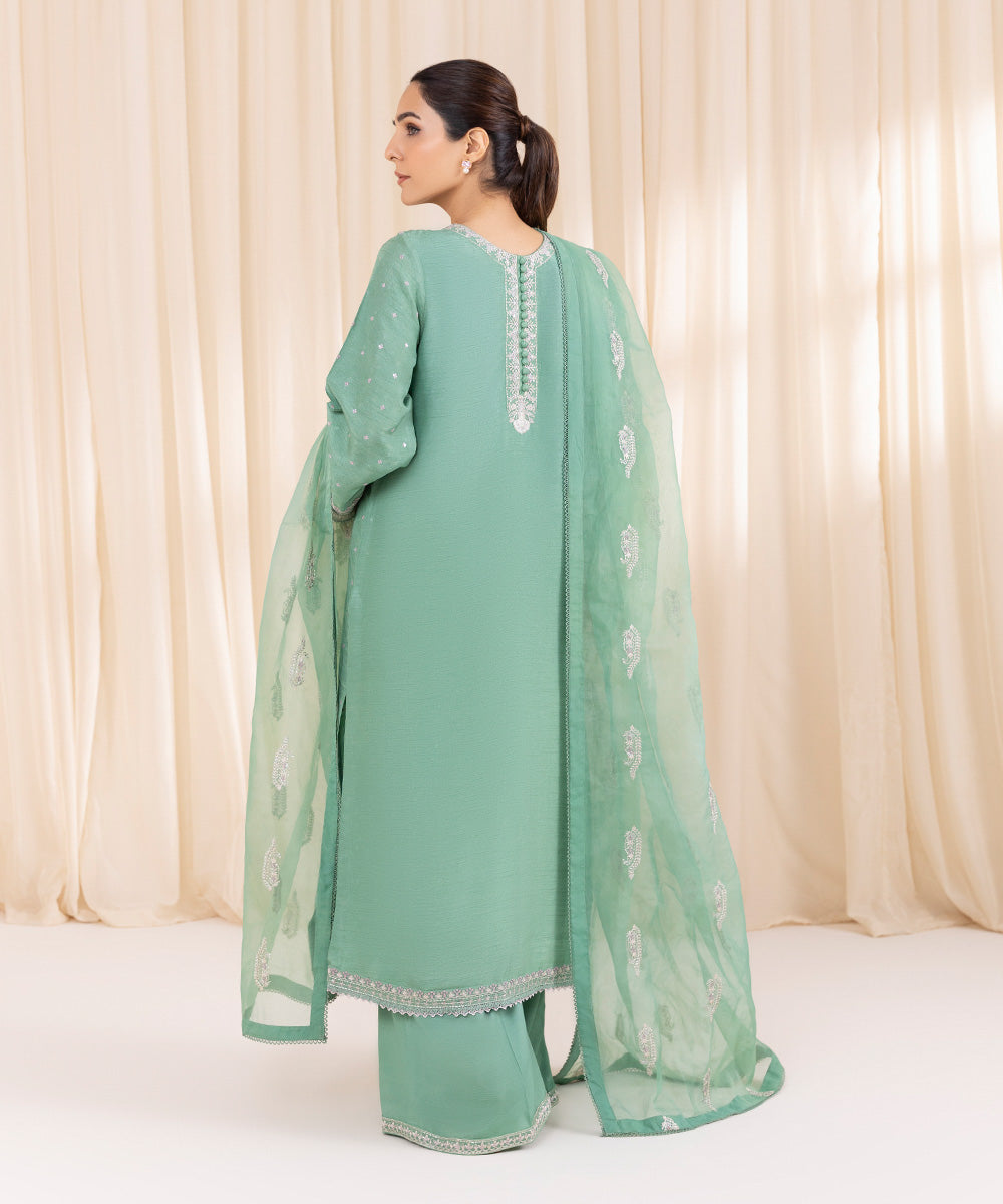 Women's Pret Raw Silk Green Embroidered Three Piece Suit