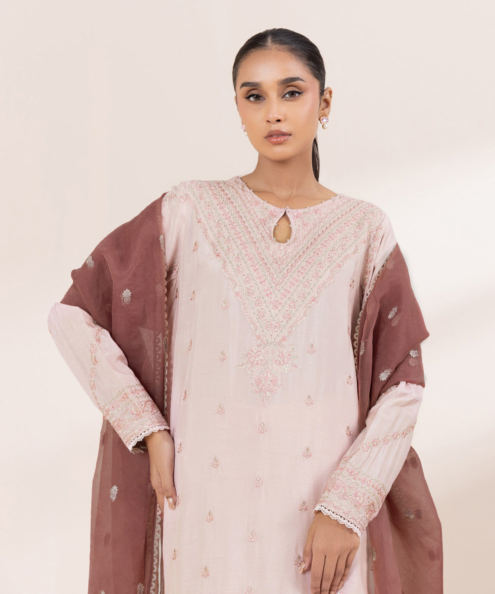 Women's Pret Raw Silk Pink Embroidered 3 Piece Suit