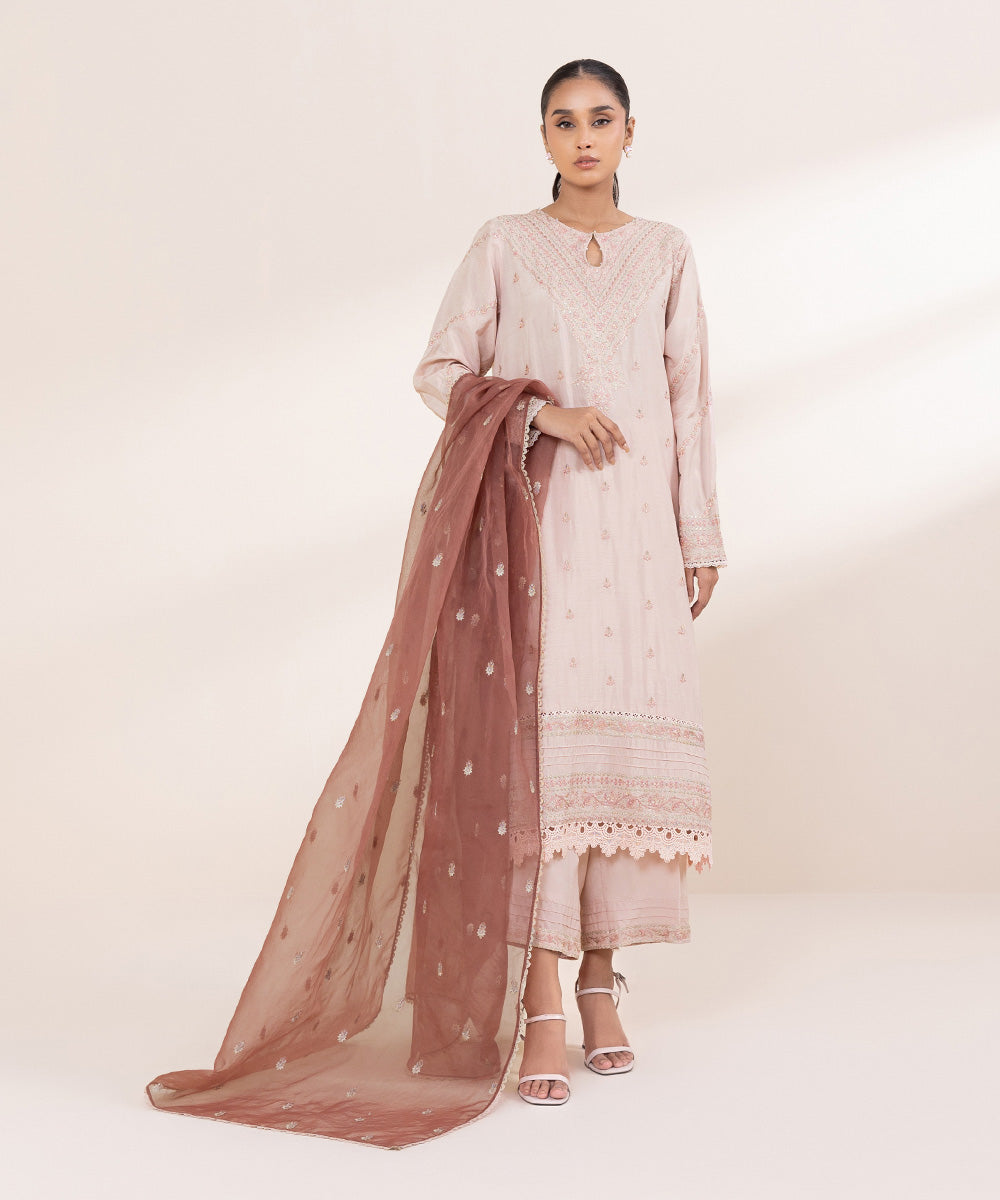 Women's Pret Raw Silk Pink Embroidered 3 Piece Suit