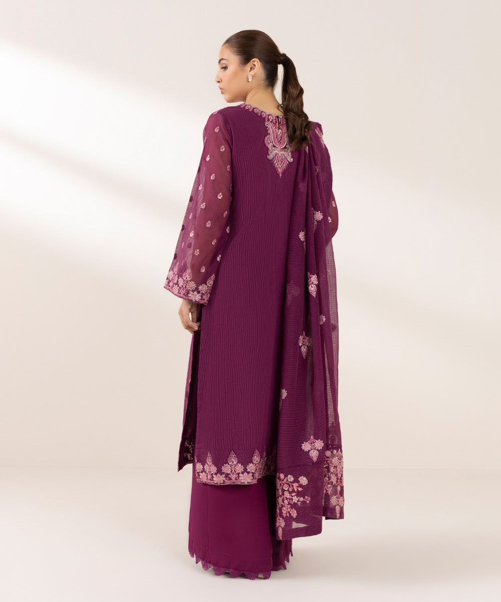 Women's Pret Blended Textured Karandi Purple Embroidered 3 Piece Suit