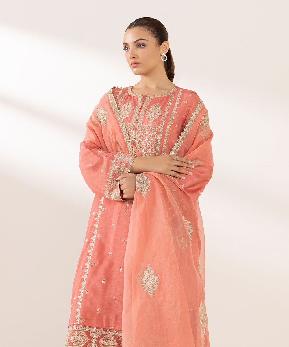 Women's Pret PK Raw Silk Pink Embroidered 3 Piece Suit