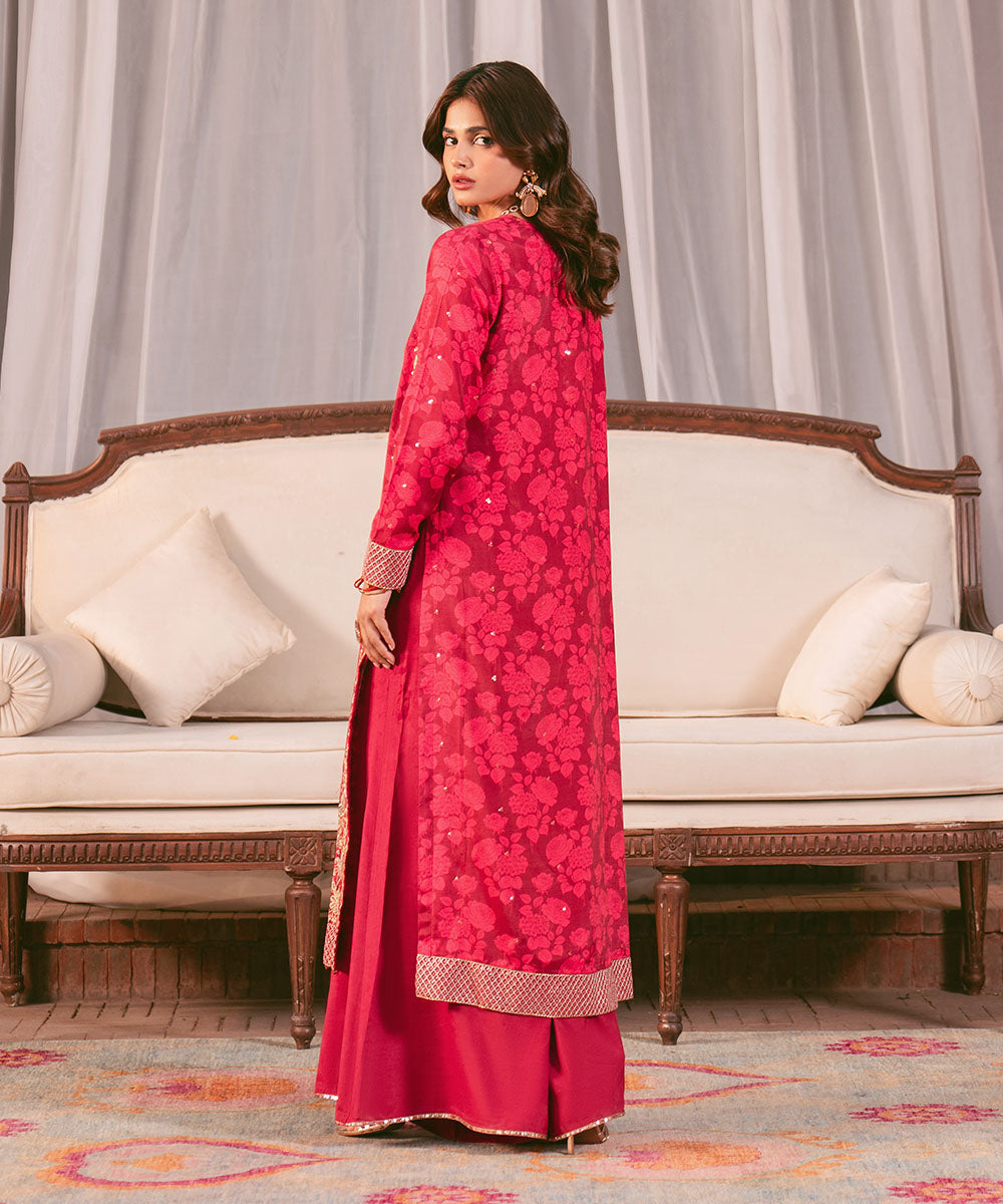 Women's RTW Viscose Raw Silk Pink Embroidered Two Piece Suit