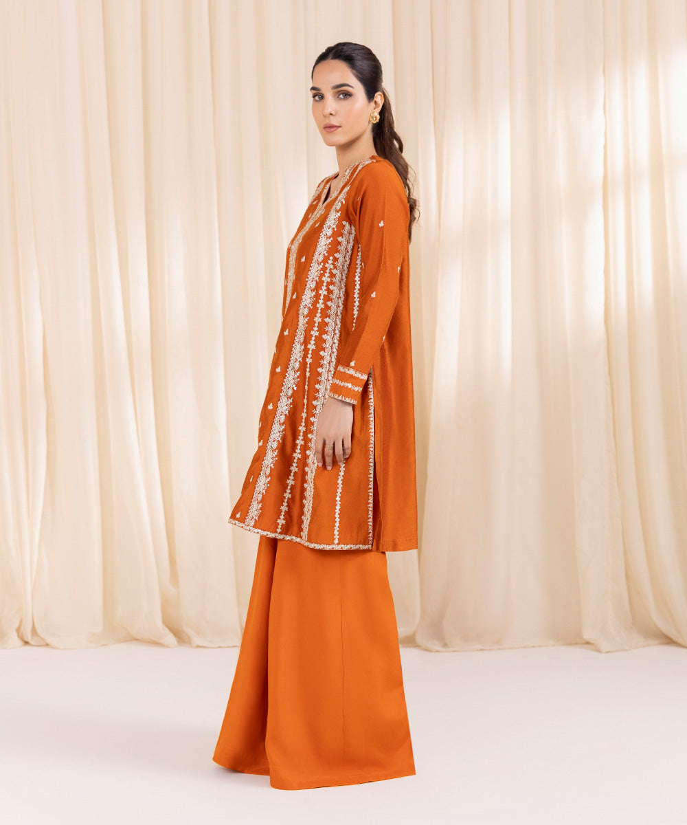 Women's Pret Silk Cotton Net Embroidered Orange 2 Piece Suit