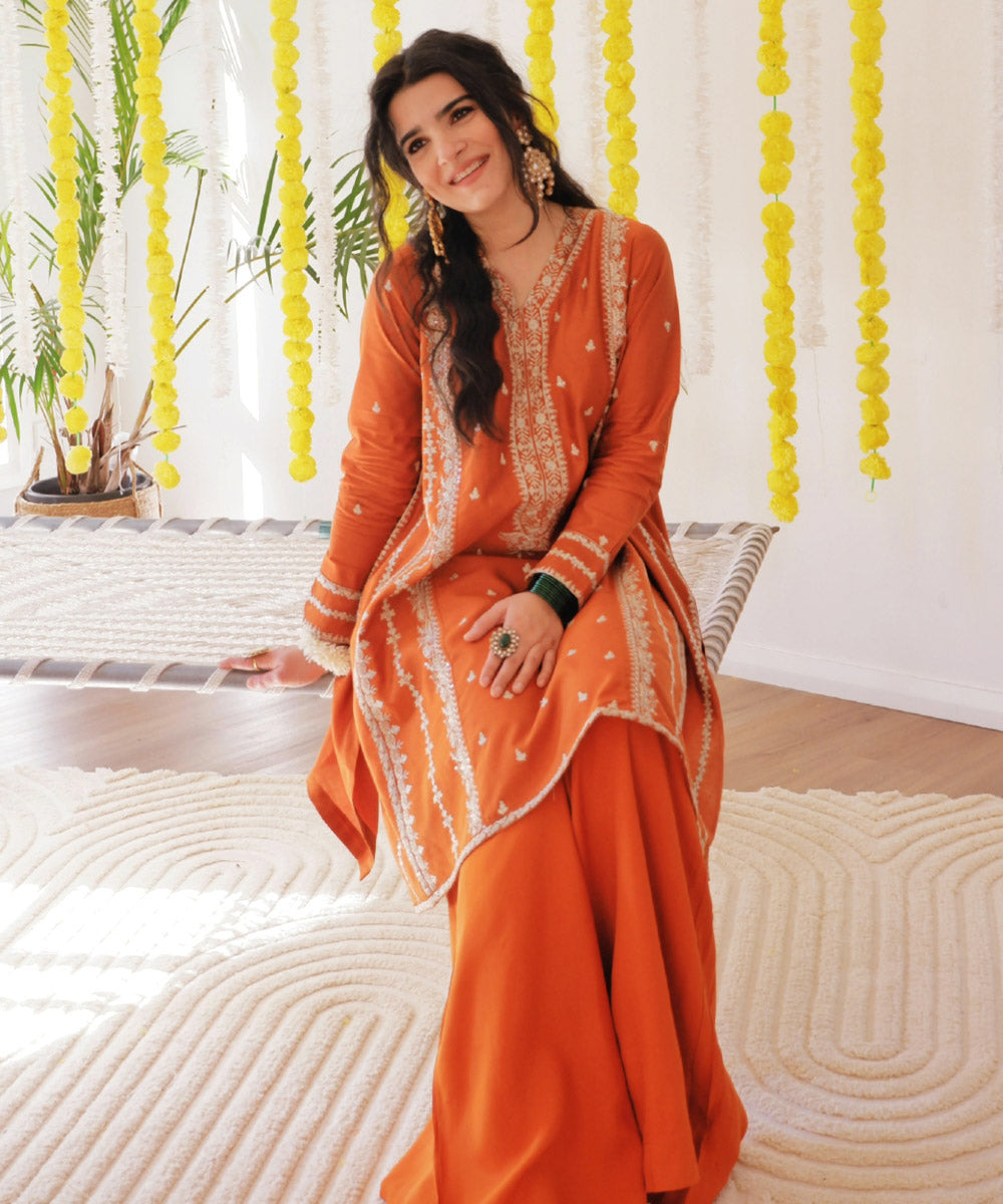 Women's Pret Silk Cotton Net Embroidered Orange 2 Piece Suit