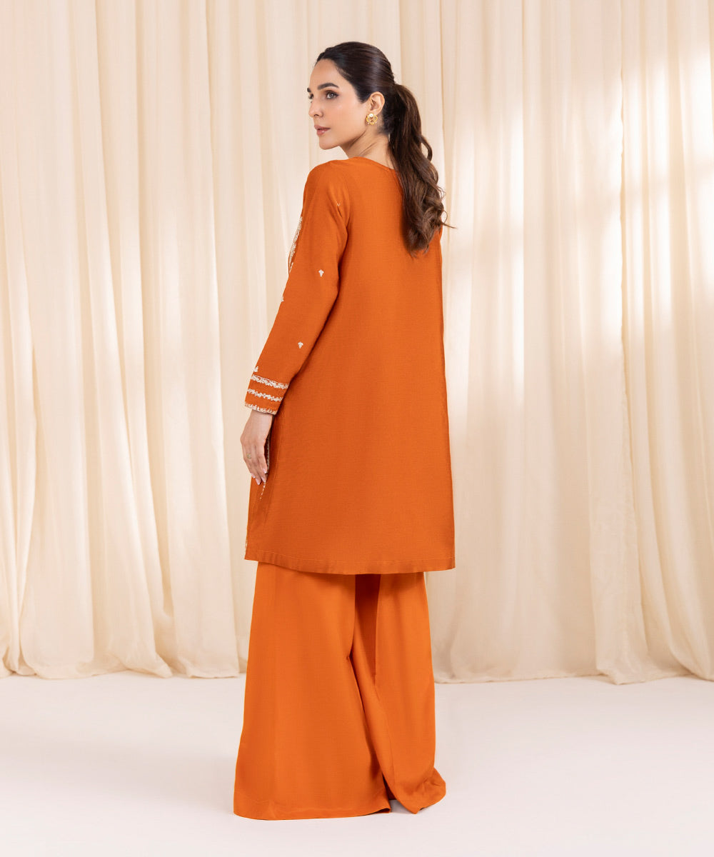 Women's Pret Silk Cotton Net Embroidered Orange 2 Piece Suit