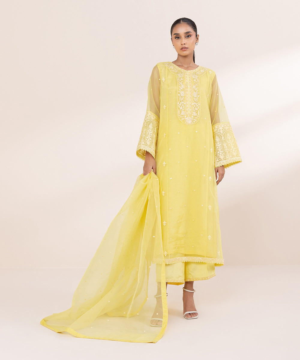 Women's Pret Blended Organza Yellow Embroidered 3 Piece Suit