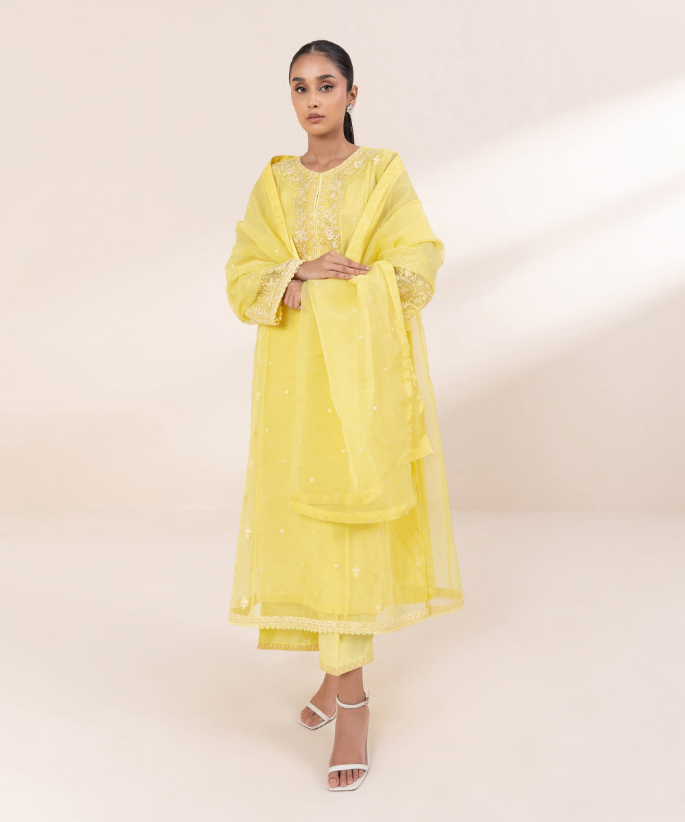 Women's Pret Blended Organza Yellow Embroidered 3 Piece Suit