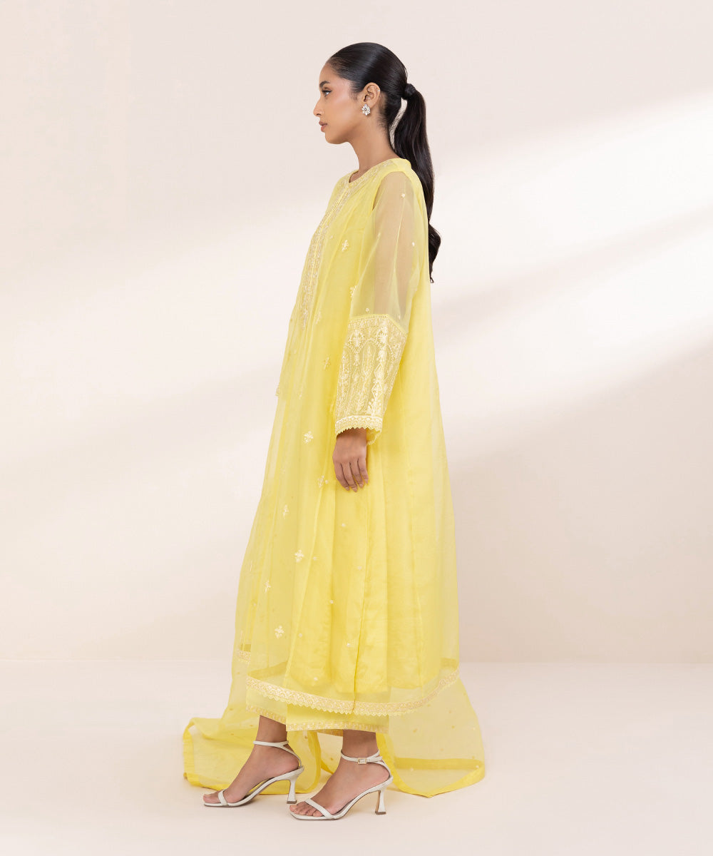 Women's Pret Blended Organza Yellow Embroidered 3 Piece Suit