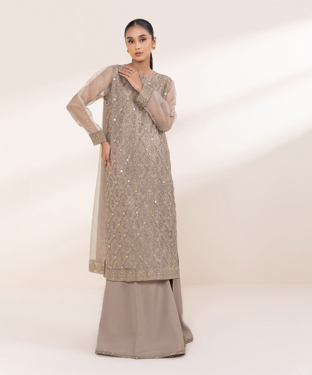 Women's Pret Blended Organza Embroidered Beige 2 Piece Suit