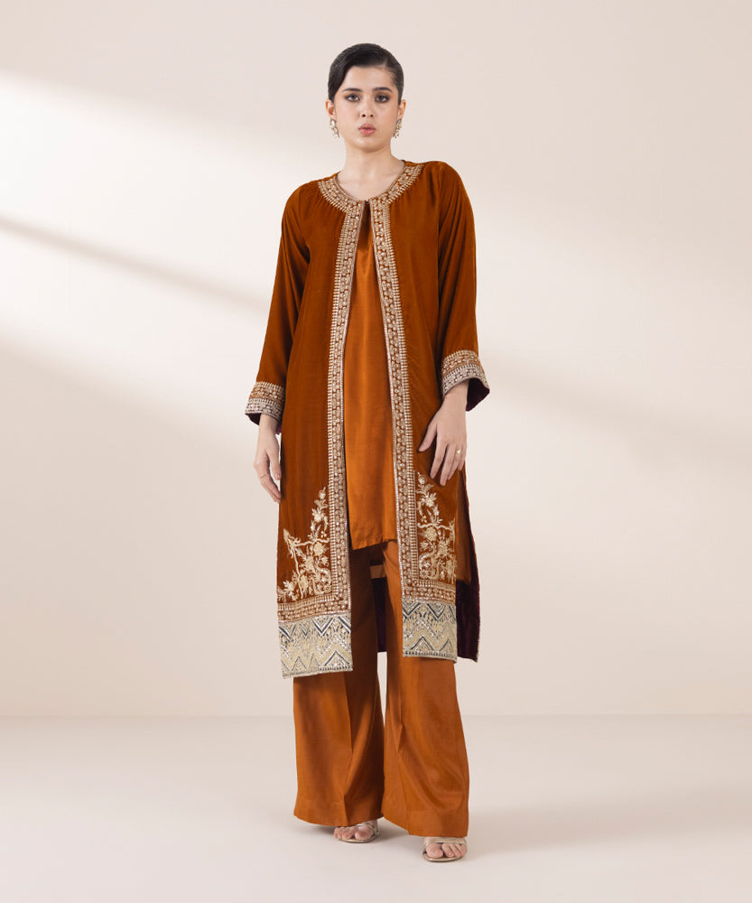 Women's Pret Orange 2 Piece Embroidered Raw Silk Suit