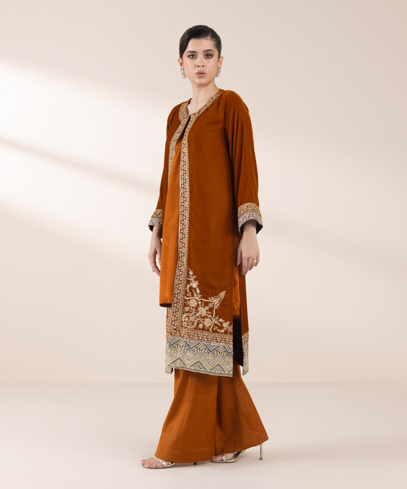 Women's Pret Orange 2 Piece Embroidered Raw Silk Suit