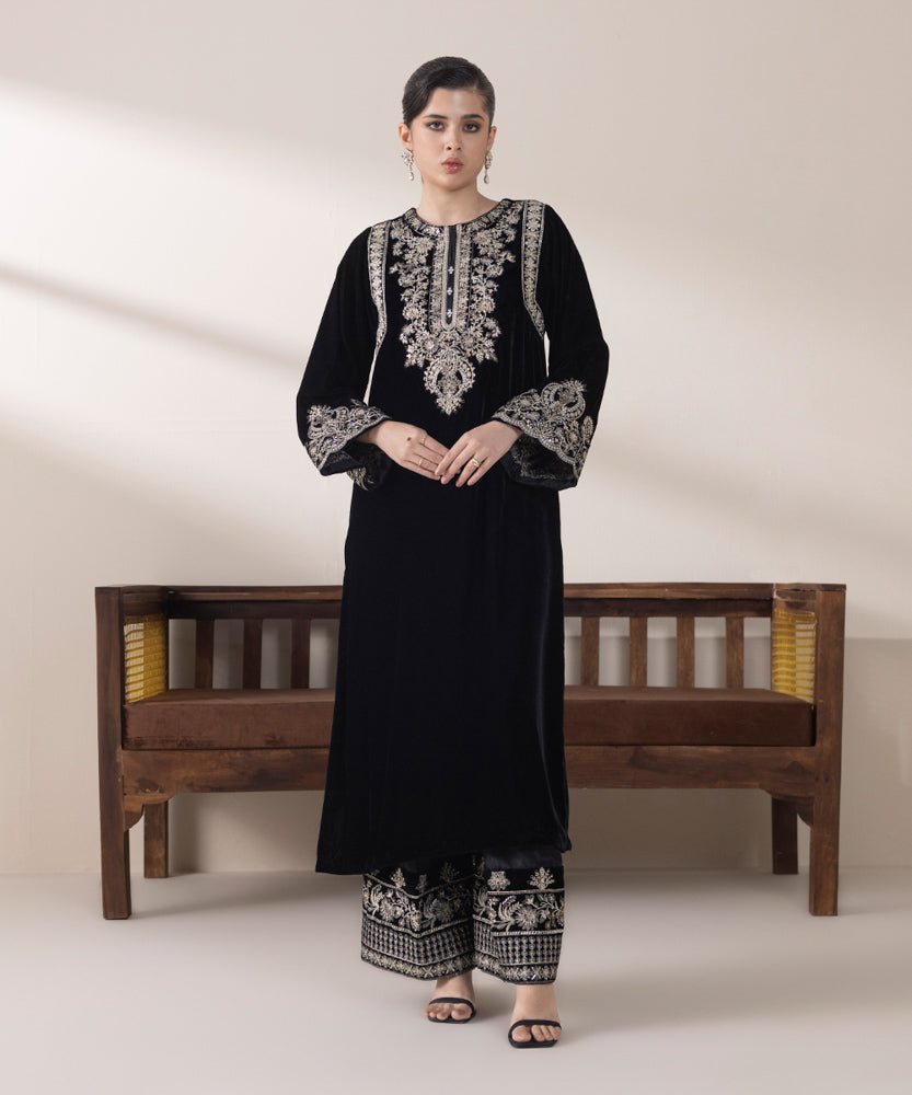 Women's Pret Black 2 Piece Embroidered Raw Silk Suit