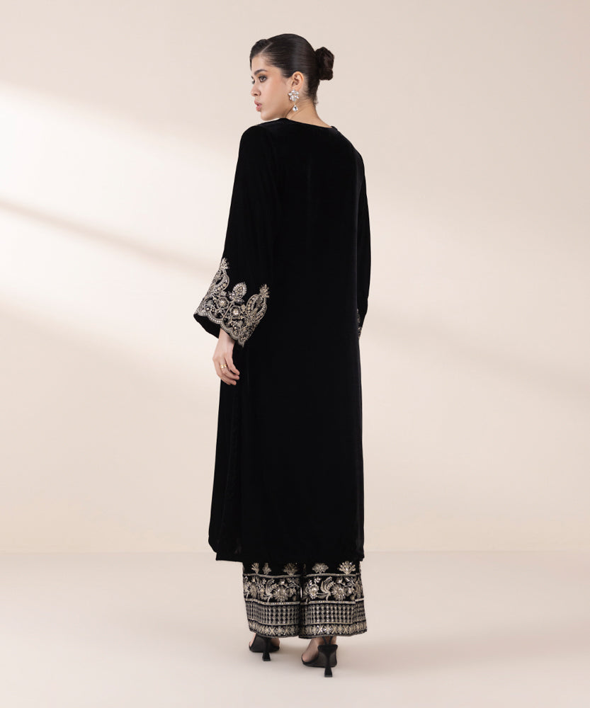 Women's Pret Black 2 Piece Embroidered Raw Silk Suit