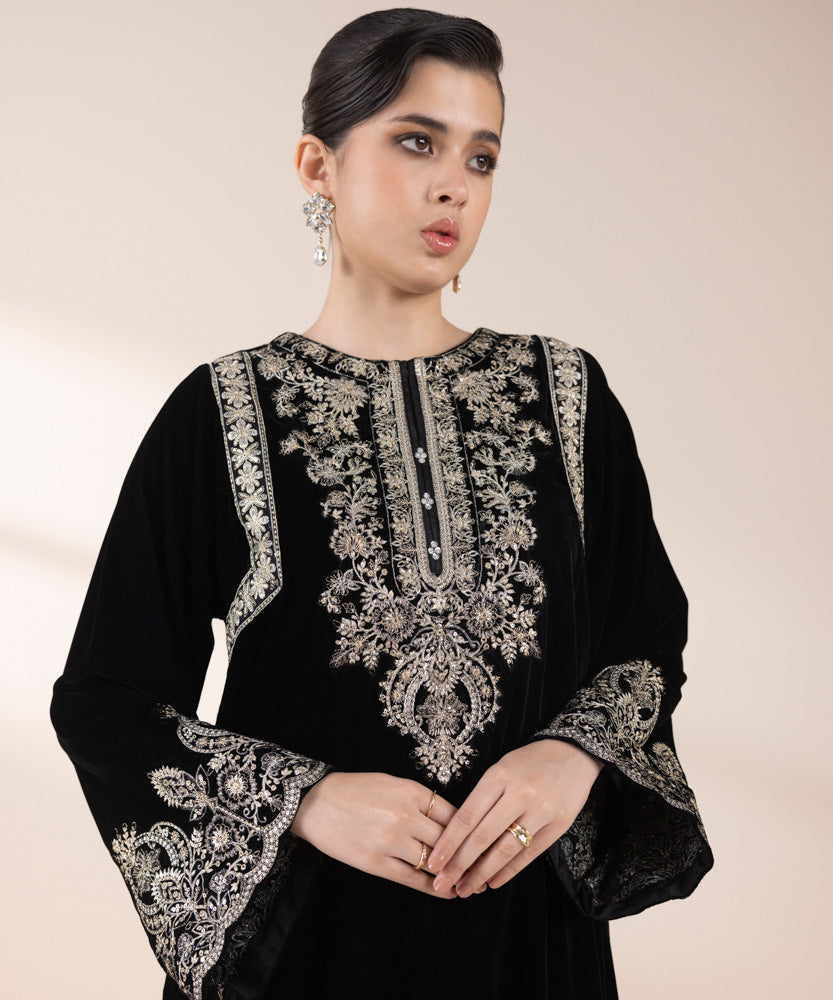 Women's Pret Black 2 Piece Embroidered Raw Silk Suit