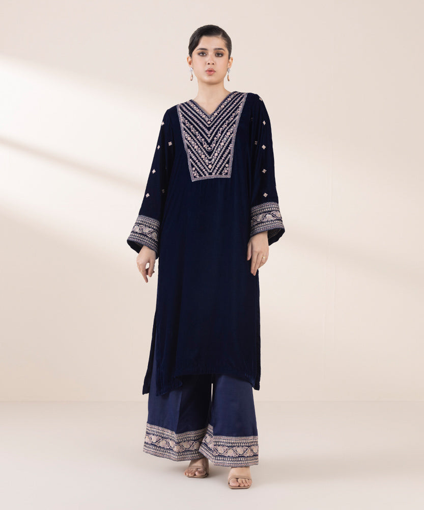 Women's Pret Navy Blue 2 Piece Embroidered Raw Silk Suit