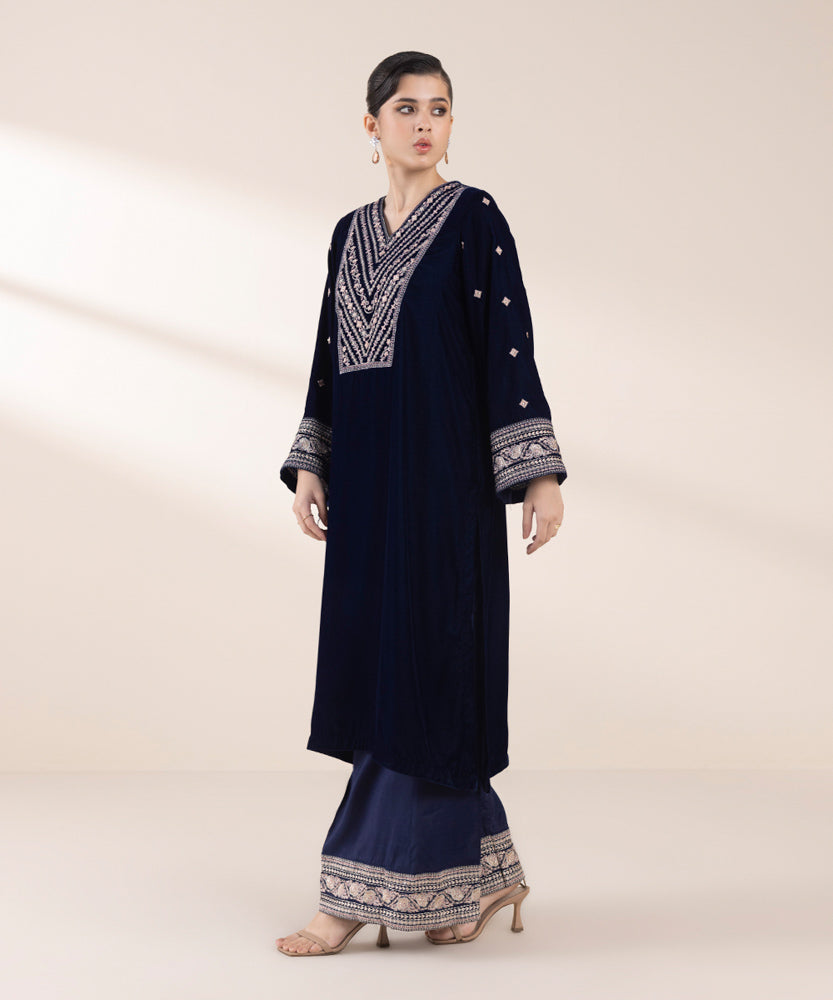 Women's Pret Navy Blue 2 Piece Embroidered Raw Silk Suit