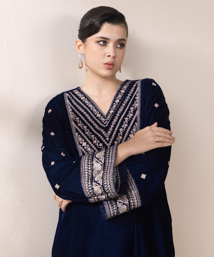 Women's Pret Navy Blue 2 Piece Embroidered Raw Silk Suit