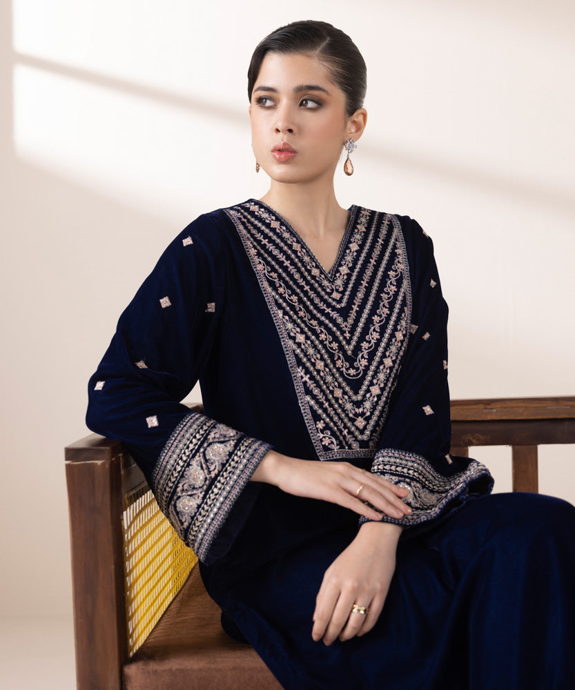 Women's Pret Navy Blue 2 Piece Embroidered Raw Silk Suit