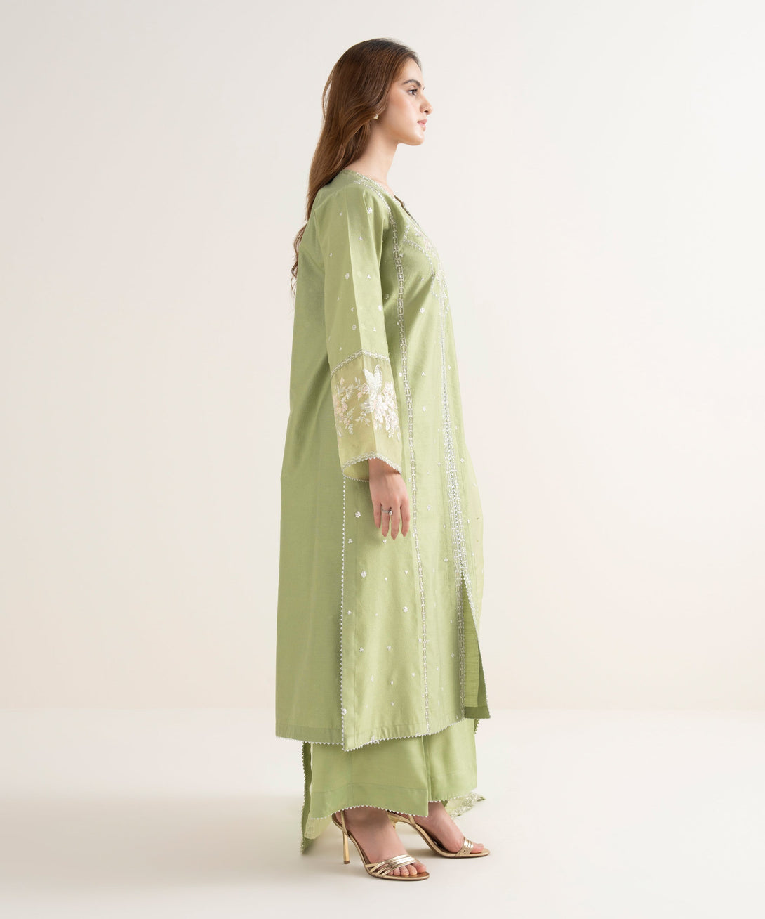 Women's RTW Blended Silk Cotton Net Embroidered Green Three Piece Suit