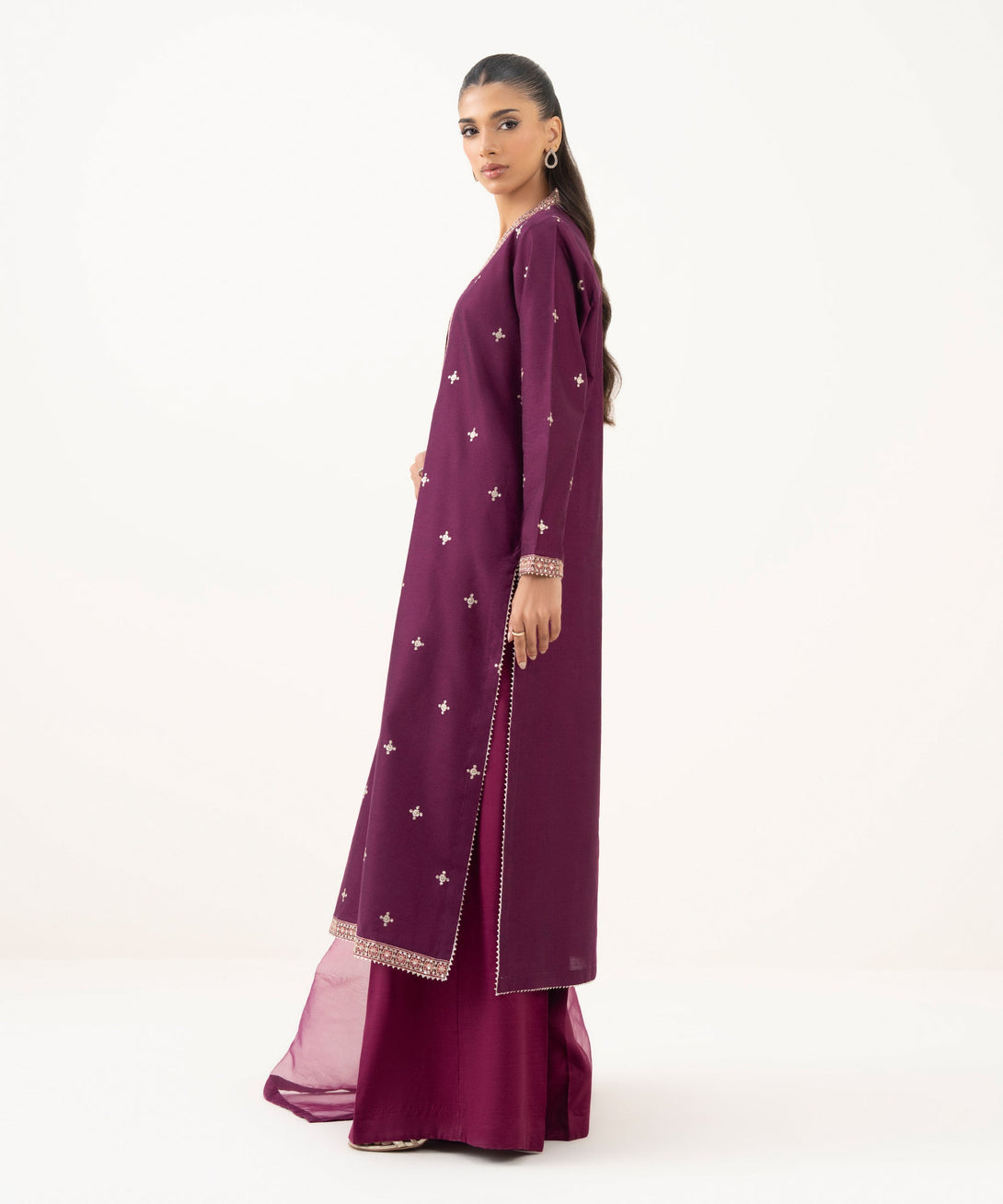 Women's RTW Blended Silk Cotton Net Embroidered Purple Three Piece Suit