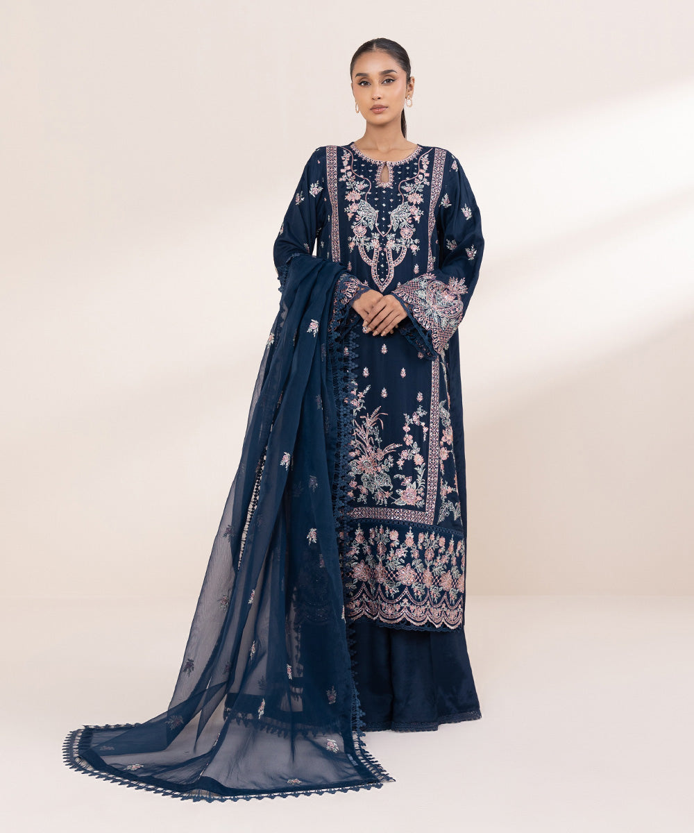 Women's Pret Viscose Raw Silk Blue Embroidered 3 Piece Suit