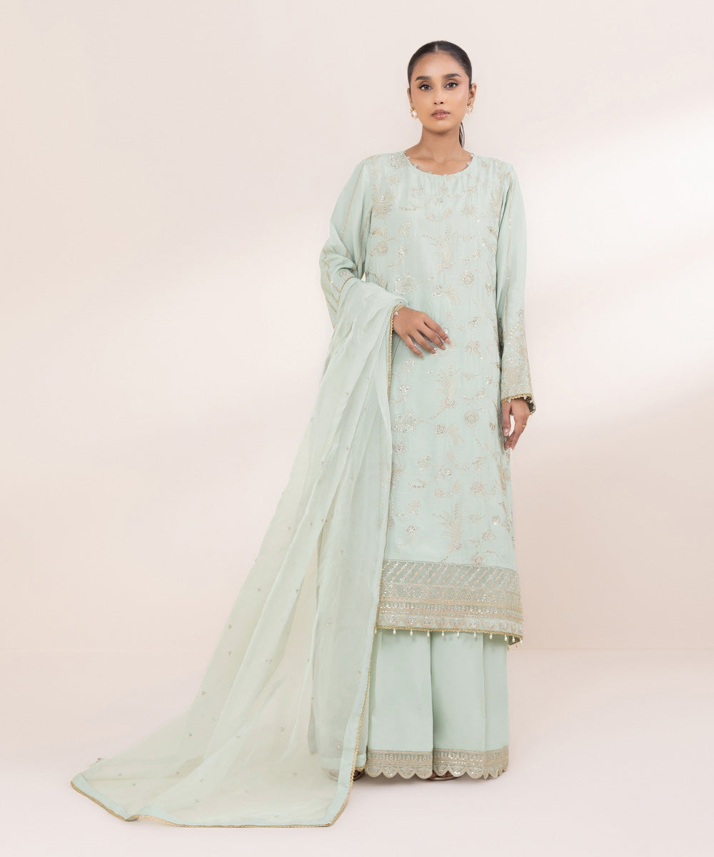 Women's Pret Viscose Raw Silk Green Embroidered 3 Piece Suit