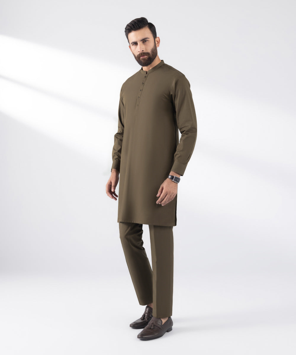 Men's Stitched 2 PC Brown Cotton Suit