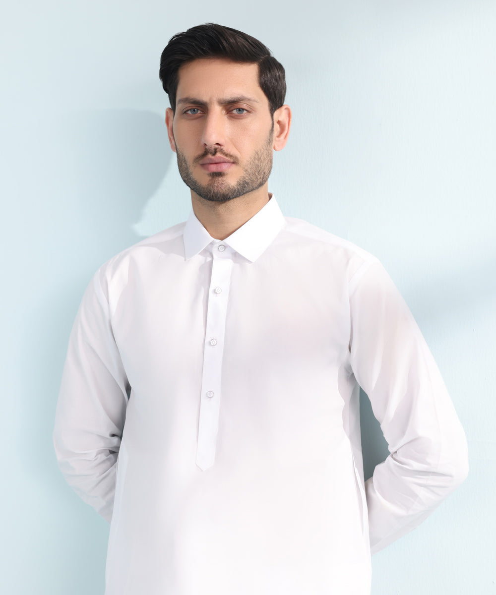 Men's Stitched 2 PC White Fine Cotton Suit