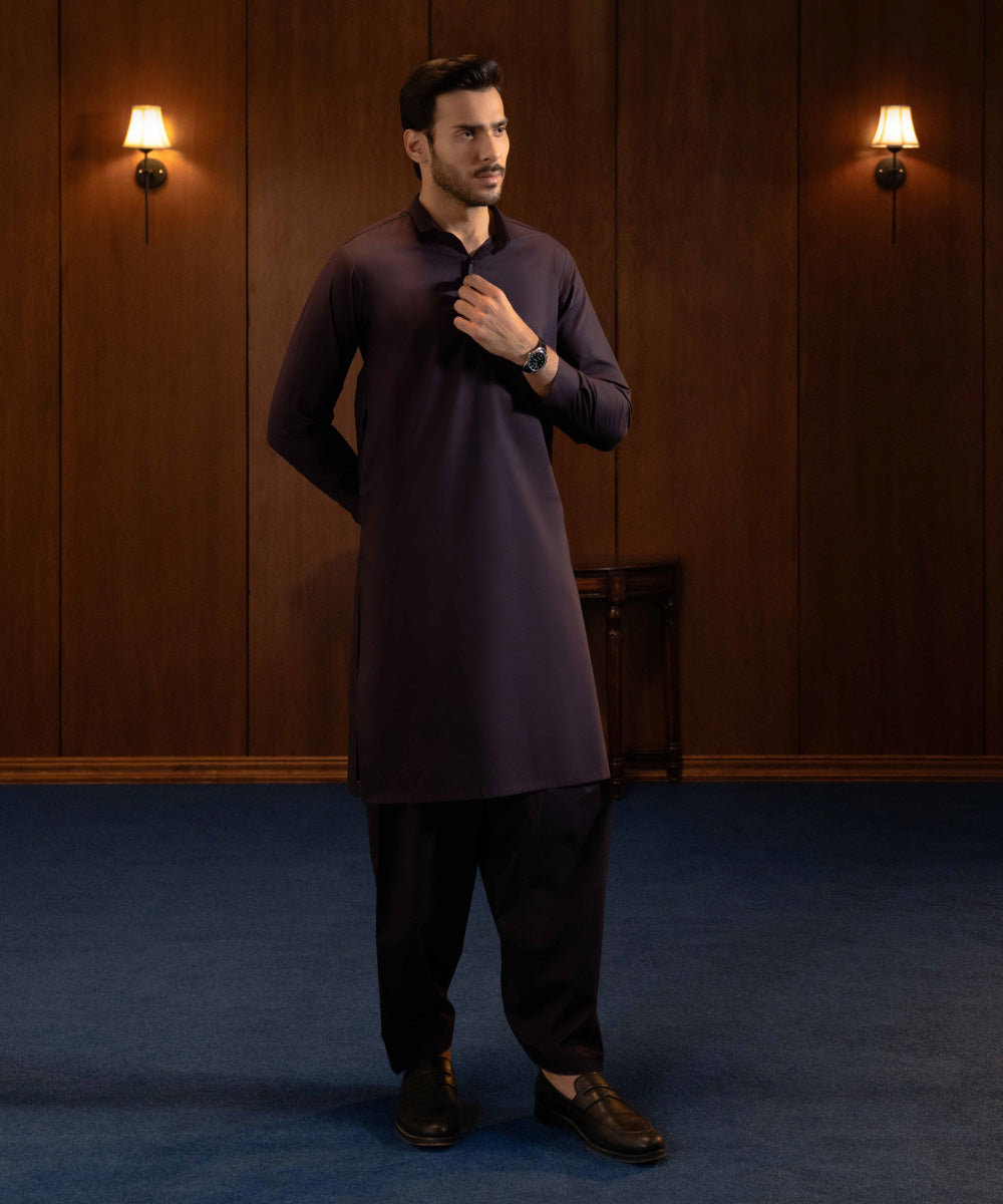 Men's Stitched 2 PC Purple Embroidered Cotton Suit