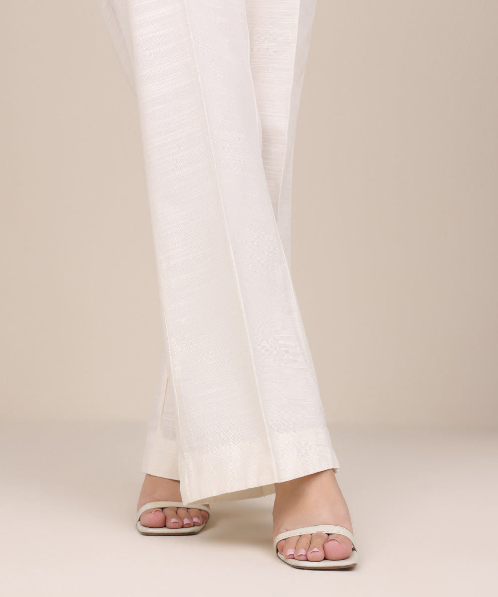 Women's Pret Khaddar Off White Solid Boot Cut Pants