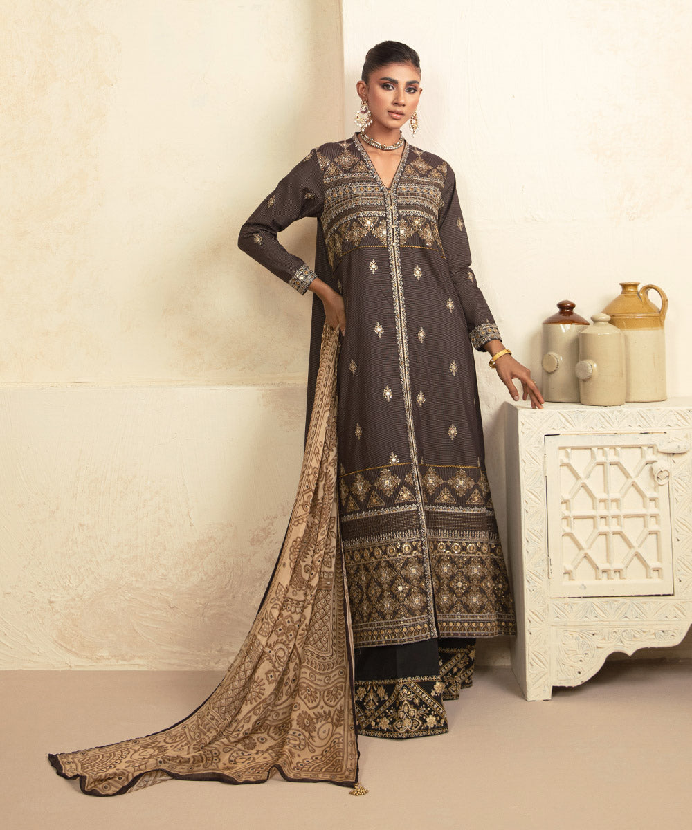 Women's Pret Zari Lawn Embroidered Brown A-Line Shirt