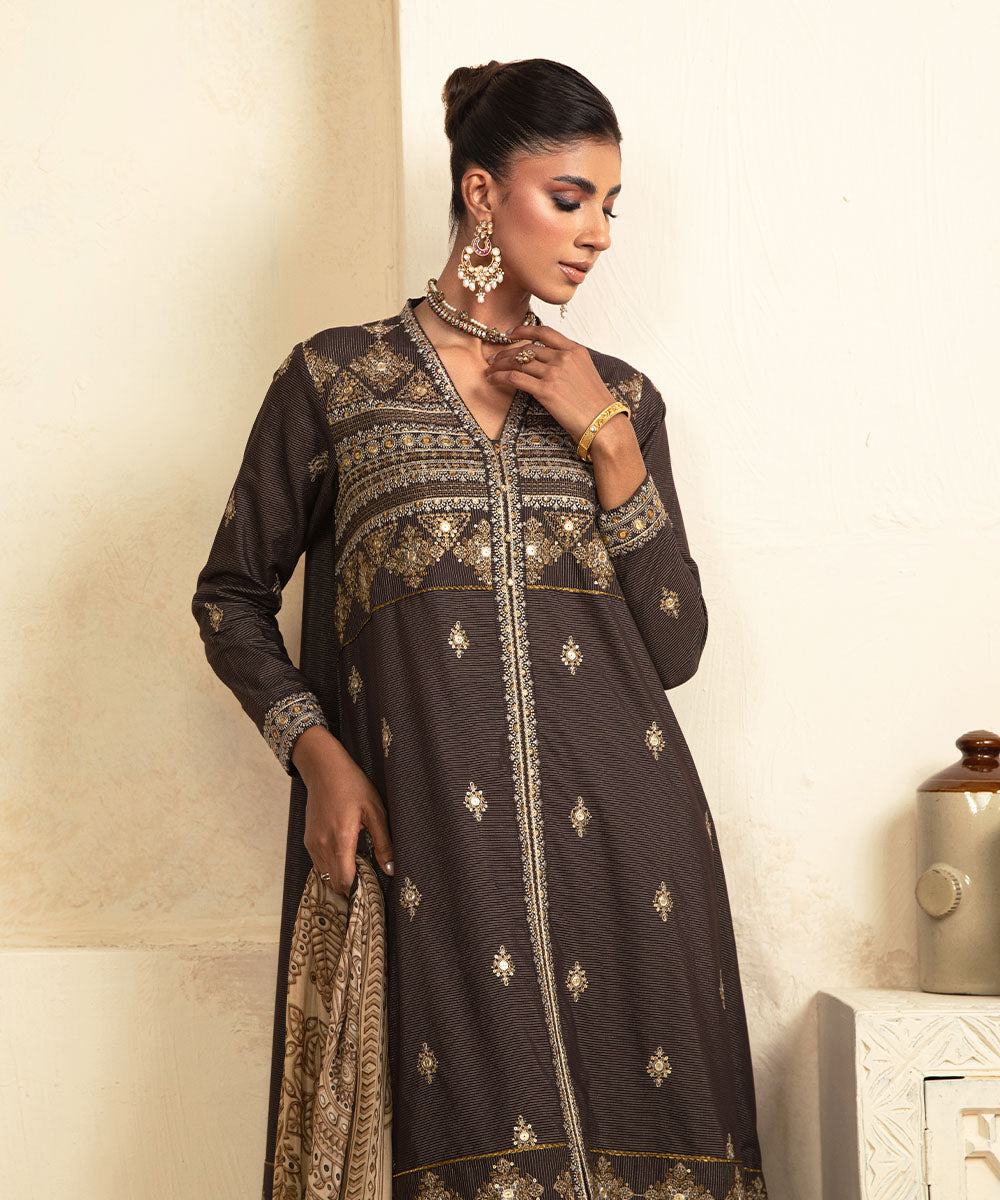 Women's Pret Zari Lawn Embroidered Brown A-Line Shirt