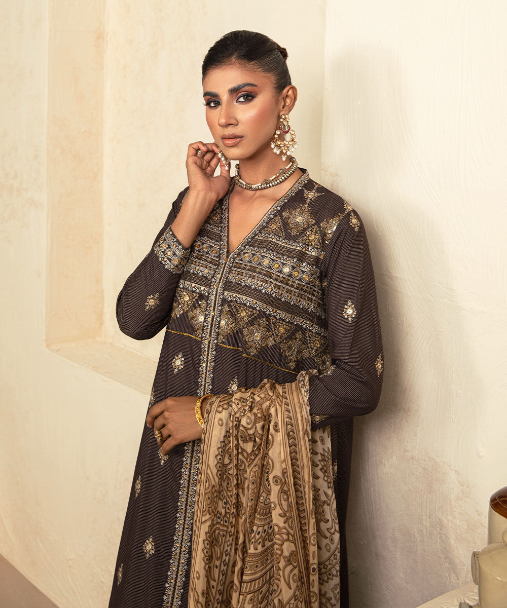 Women's Pret Zari Lawn Embroidered Brown A-Line Shirt