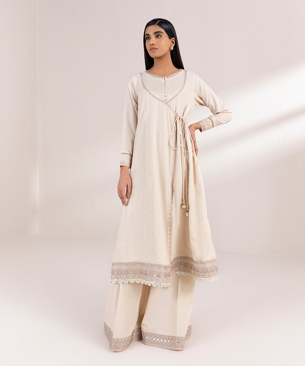 Women's Pret Raw Silk Embroidered Beige Front Open Shirt