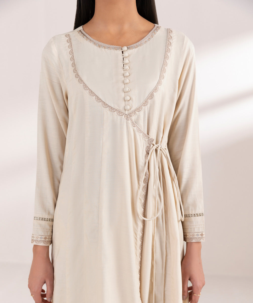 Women's Pret Raw Silk Embroidered Beige Front Open Shirt