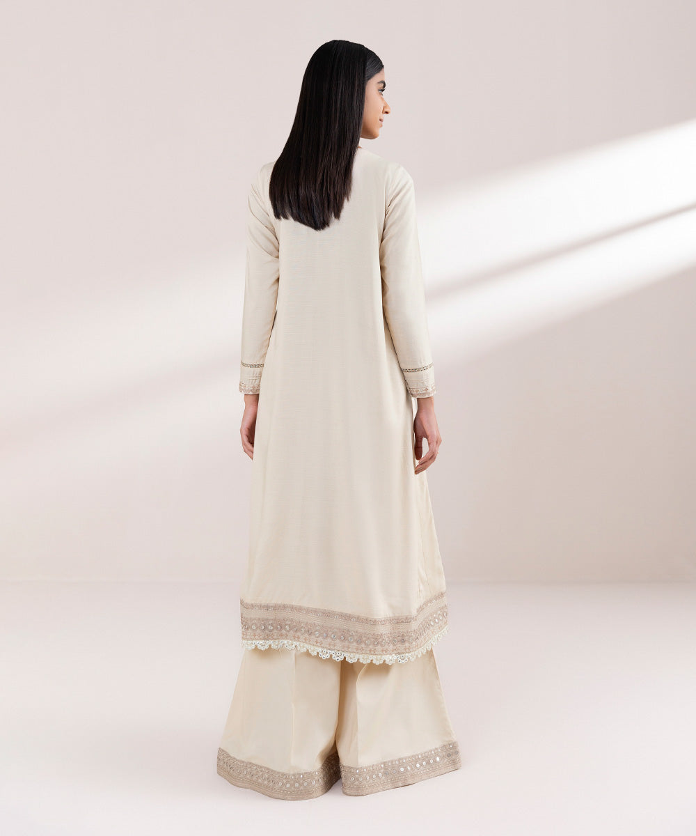 Women's Pret Raw Silk Embroidered Beige Front Open Shirt