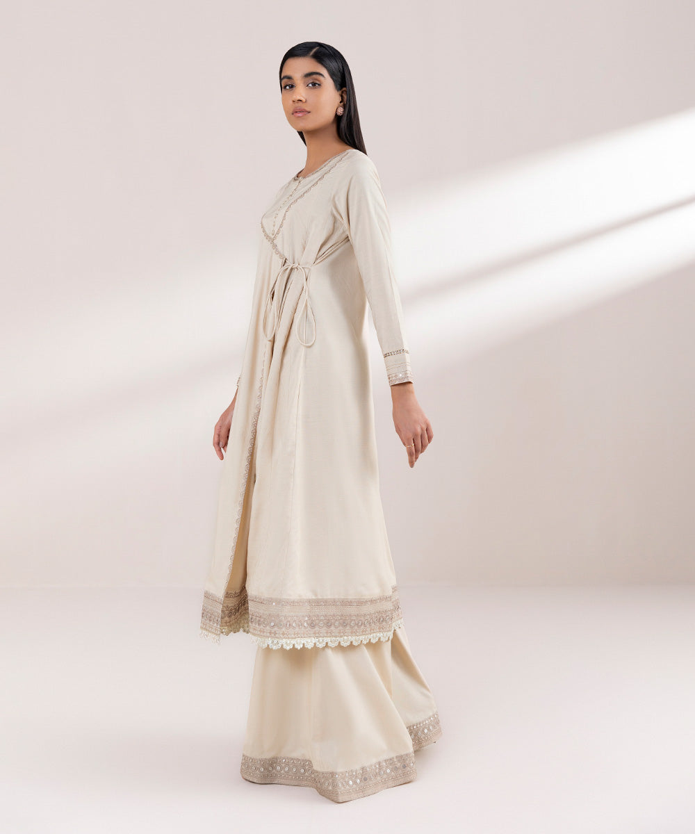 Women's Pret Raw Silk Embroidered Beige Front Open Shirt