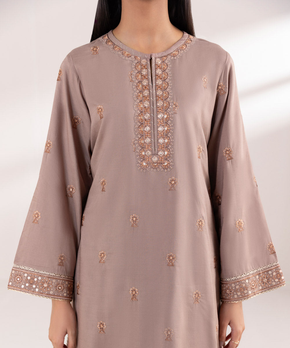 Women's Pret Raw Silk Embroidered Brown A-Line Shirt