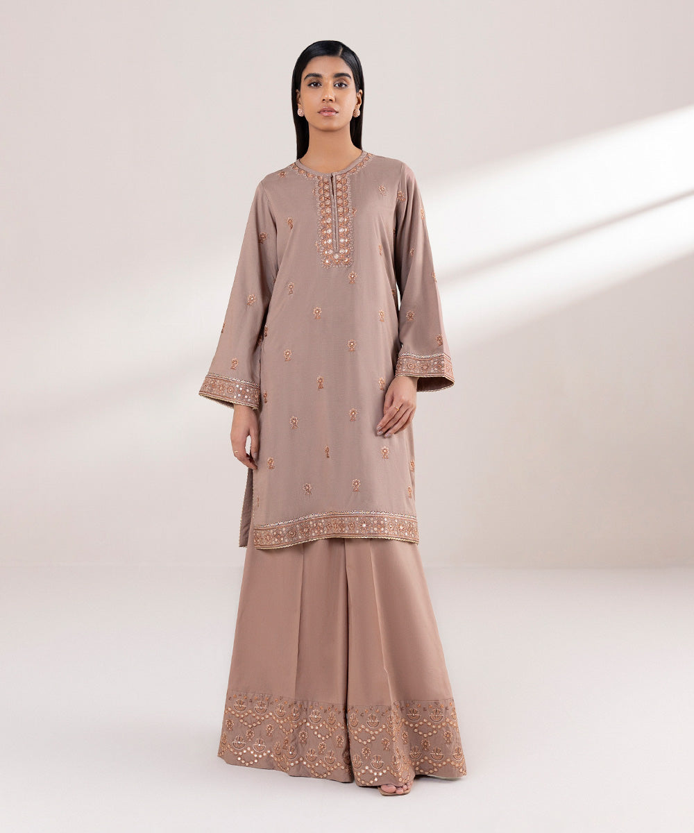 Women's Pret Raw Silk Embroidered Brown A-Line Shirt