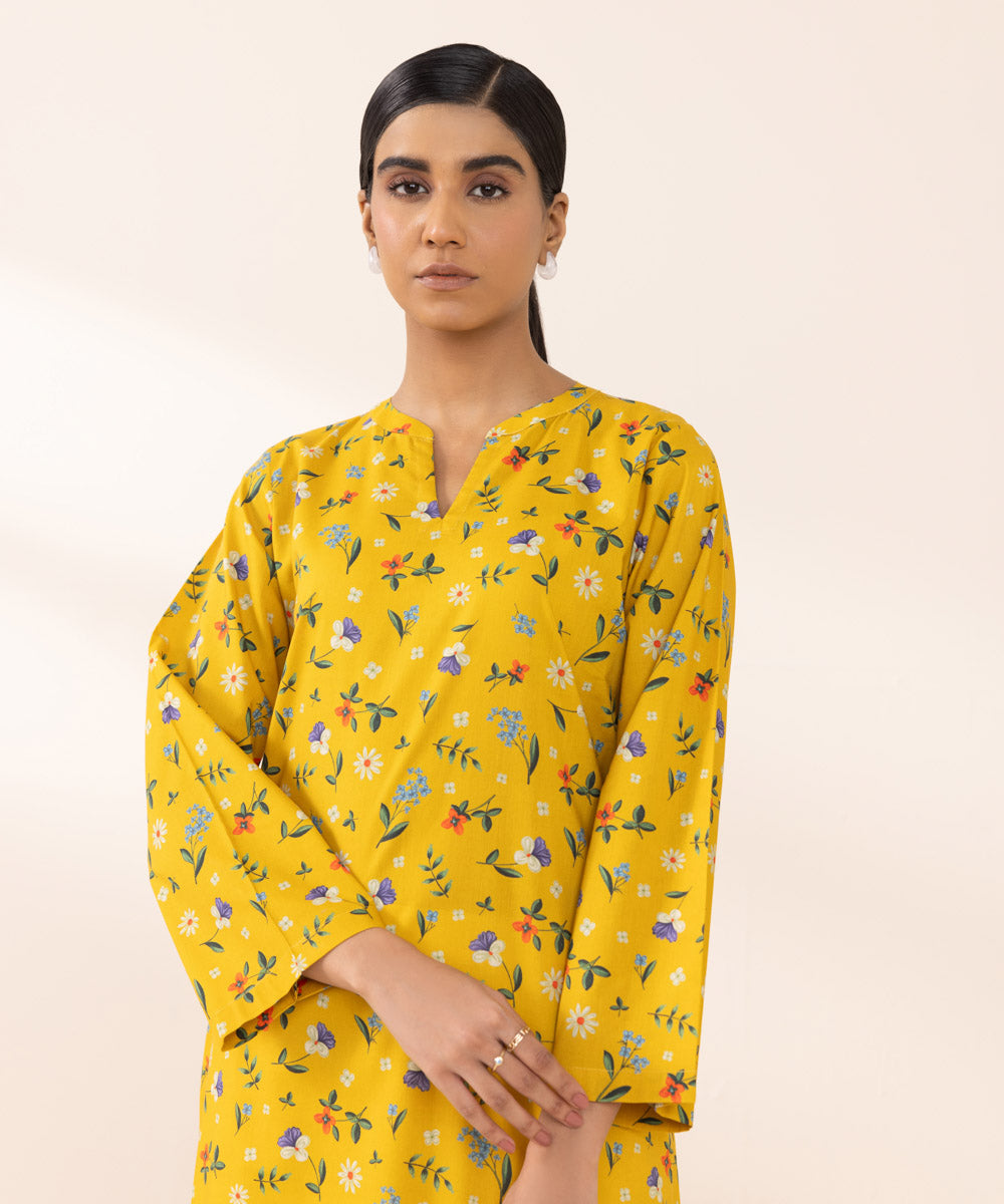 Women's Pret Cotton Viscose Printed Yellow Straight Shirt