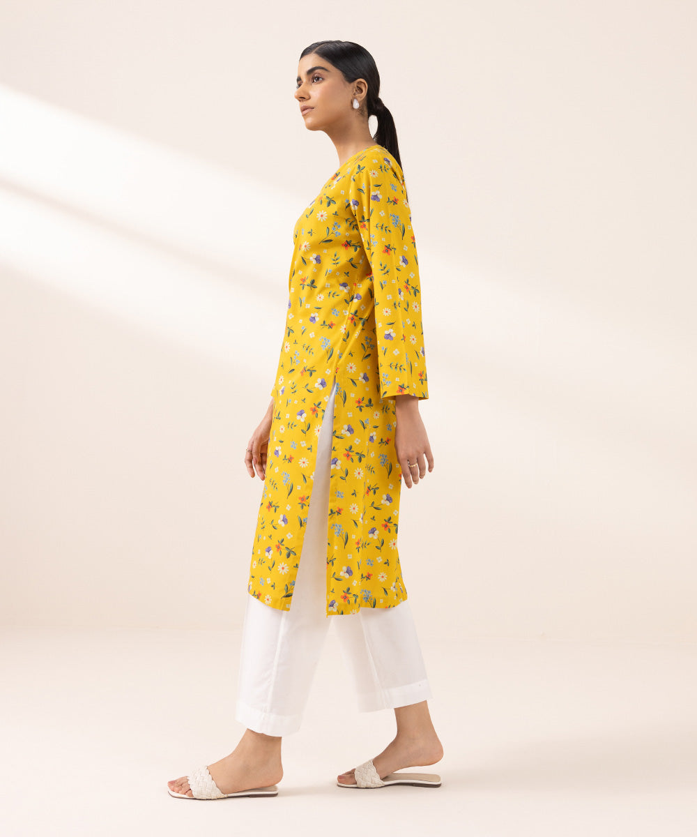 Women's Pret Cotton Viscose Printed Yellow Straight Shirt