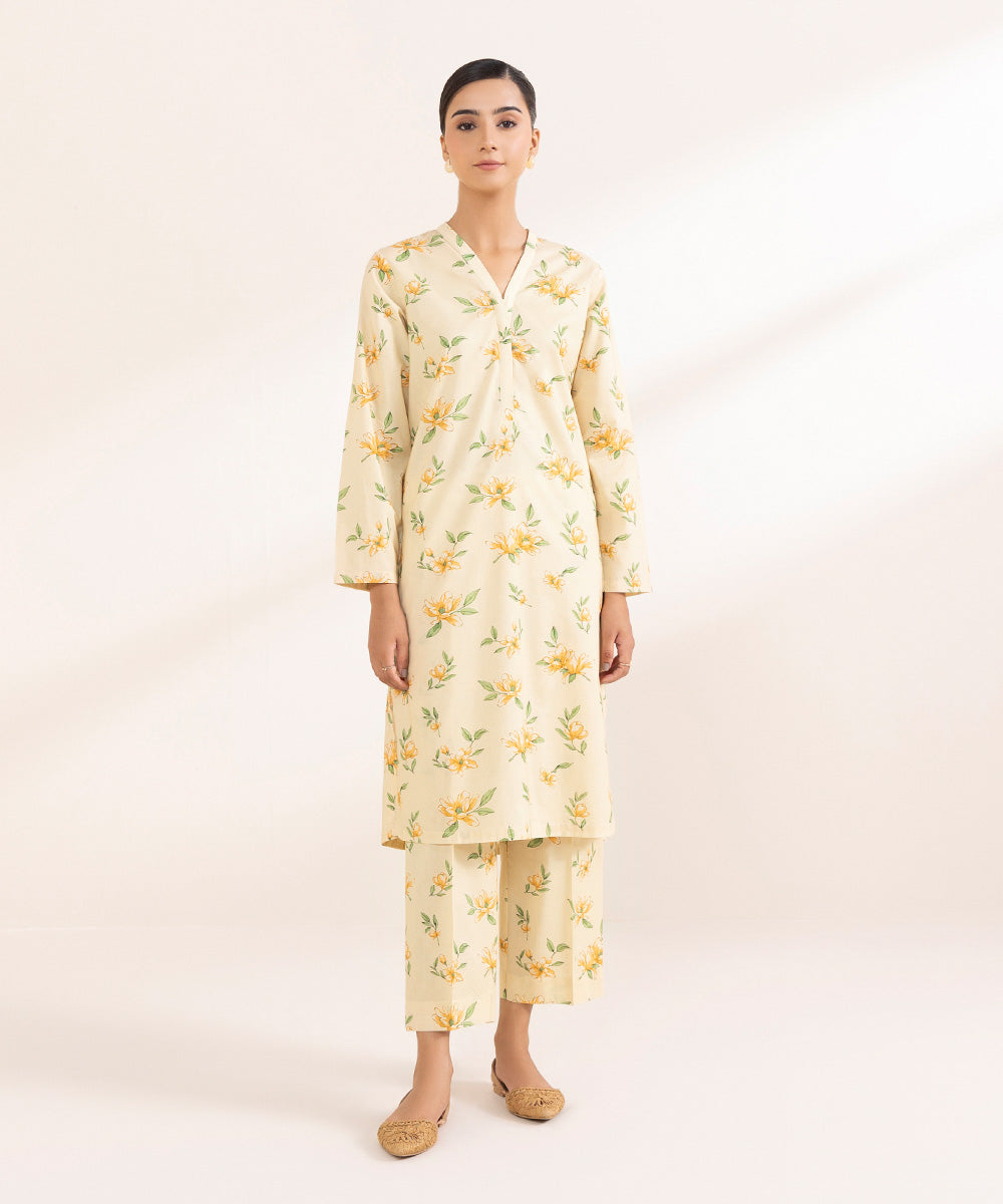 Women's Pret Cotton Viscose Printed Yellow Straight Shirt