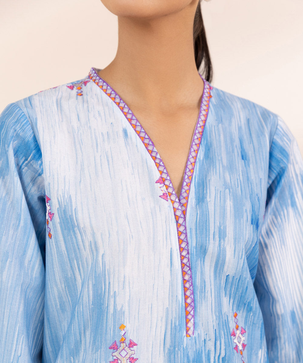 Women's Pret Cambric Blue Printed Embroidered Straight Shirt